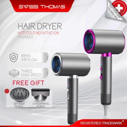 High Speed Negative Ion Hair Care 3-Speed Temperature Blue Light Portable Hair Dryer (Pengering Rambut)